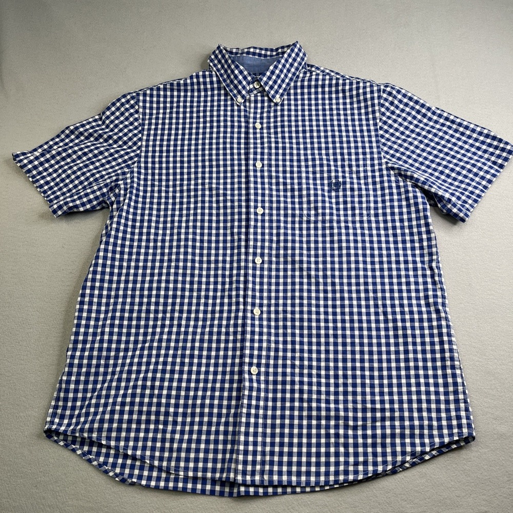 CHAPS Easy Care Shirt Men's Large Button Down Short Sleeve Casual Blue/ White